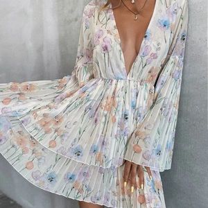 Plunging Neck Pleated Floral Dress